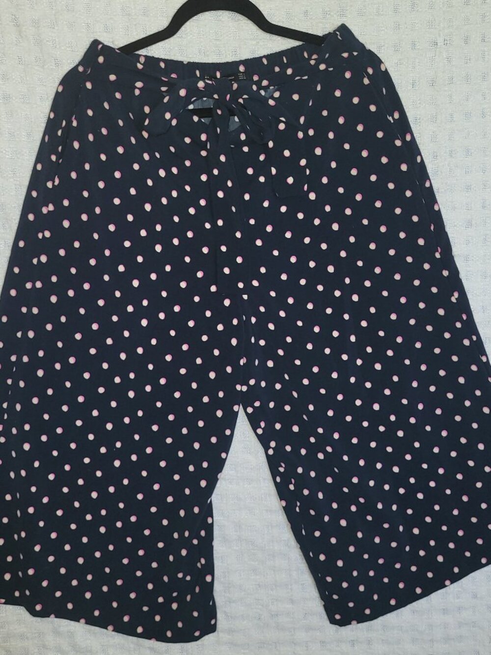 ZARA Blue White Polka Dot Capri - cropped Pants L Extra Wide Leg Pockets Boho